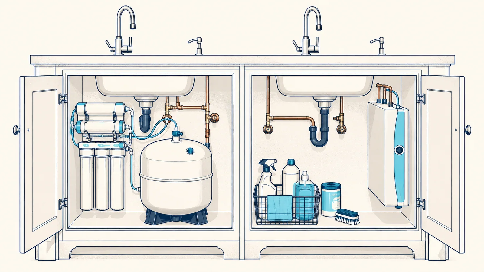 Two under-sink cabinets: a reverse osmosis system with a storage tank filling the floor, and a slim tankless unit against the wall