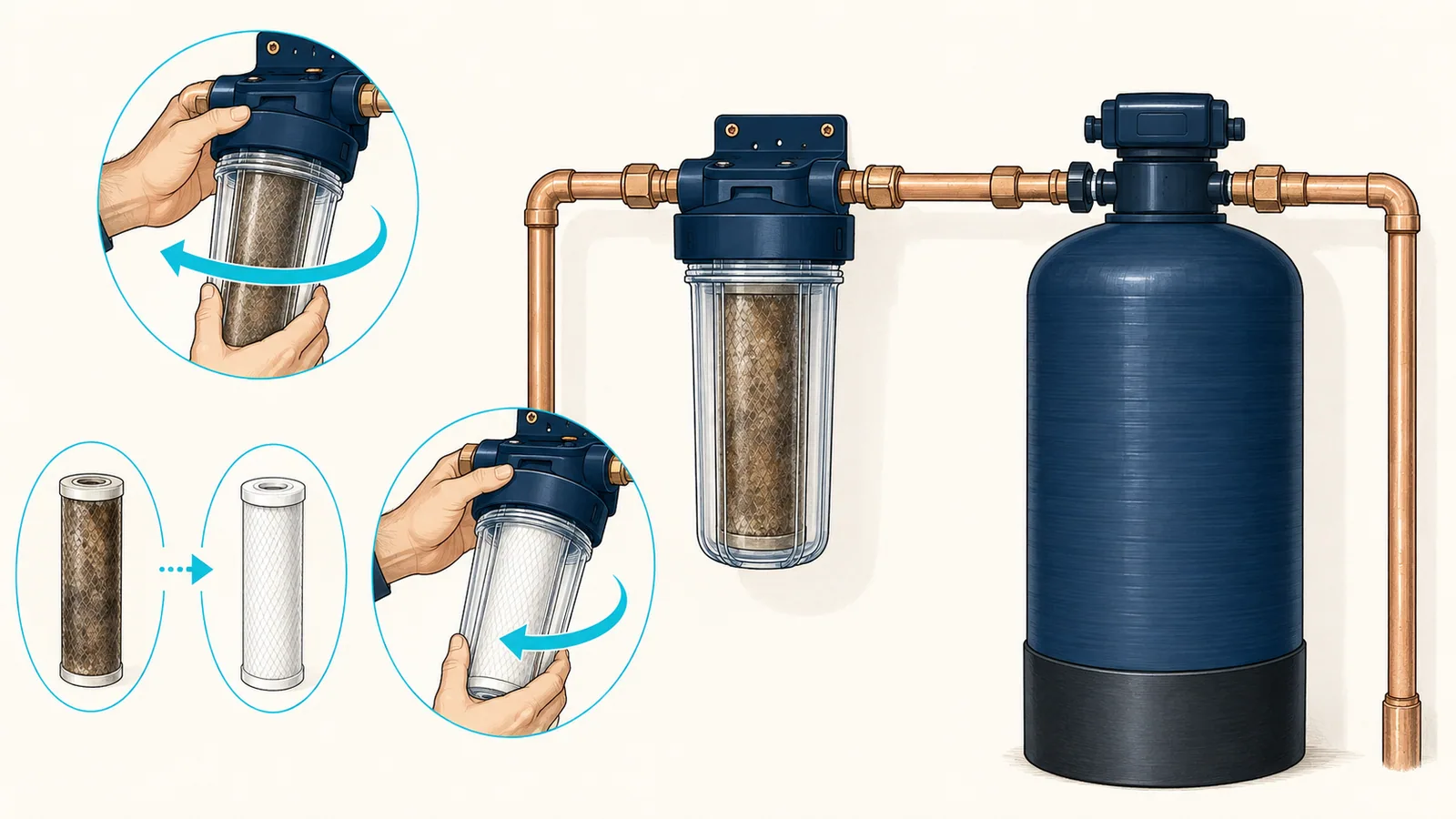 A hand swapping a darkened pre-filter cartridge for a clean one next to a salt-free conditioner tank