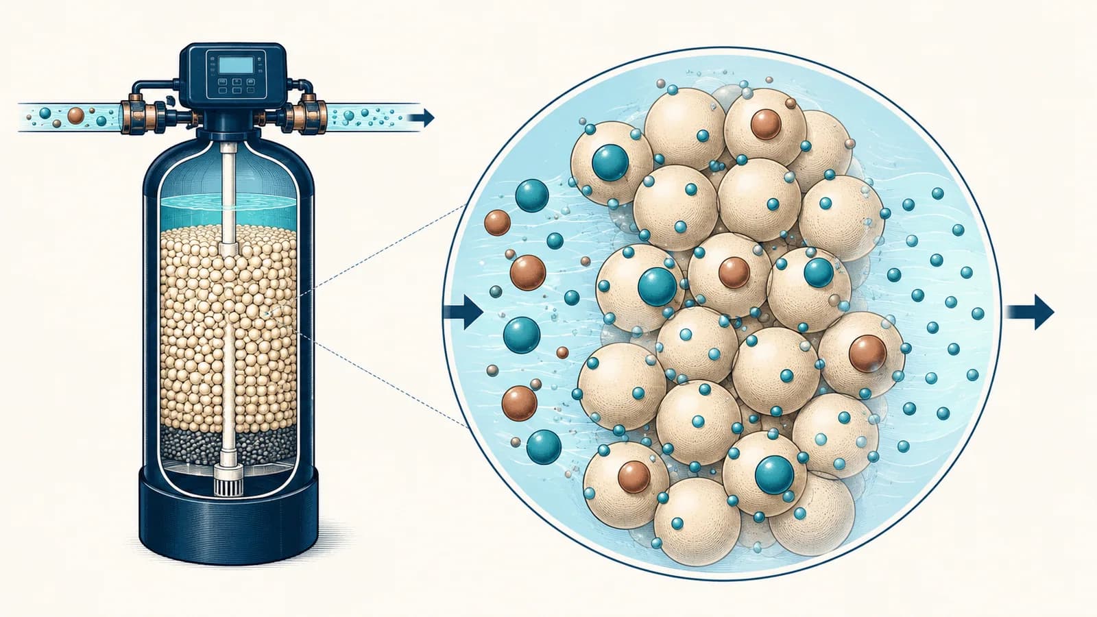 Close-up of resin beads exchanging sodium for calcium and magnesium as hard water passes through
