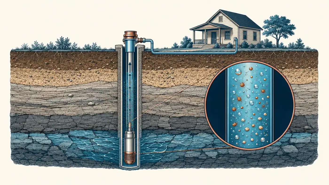 Cross-section of a private well with pump and casing, and iron particles, sand and gas bubbles in the water rising to the house