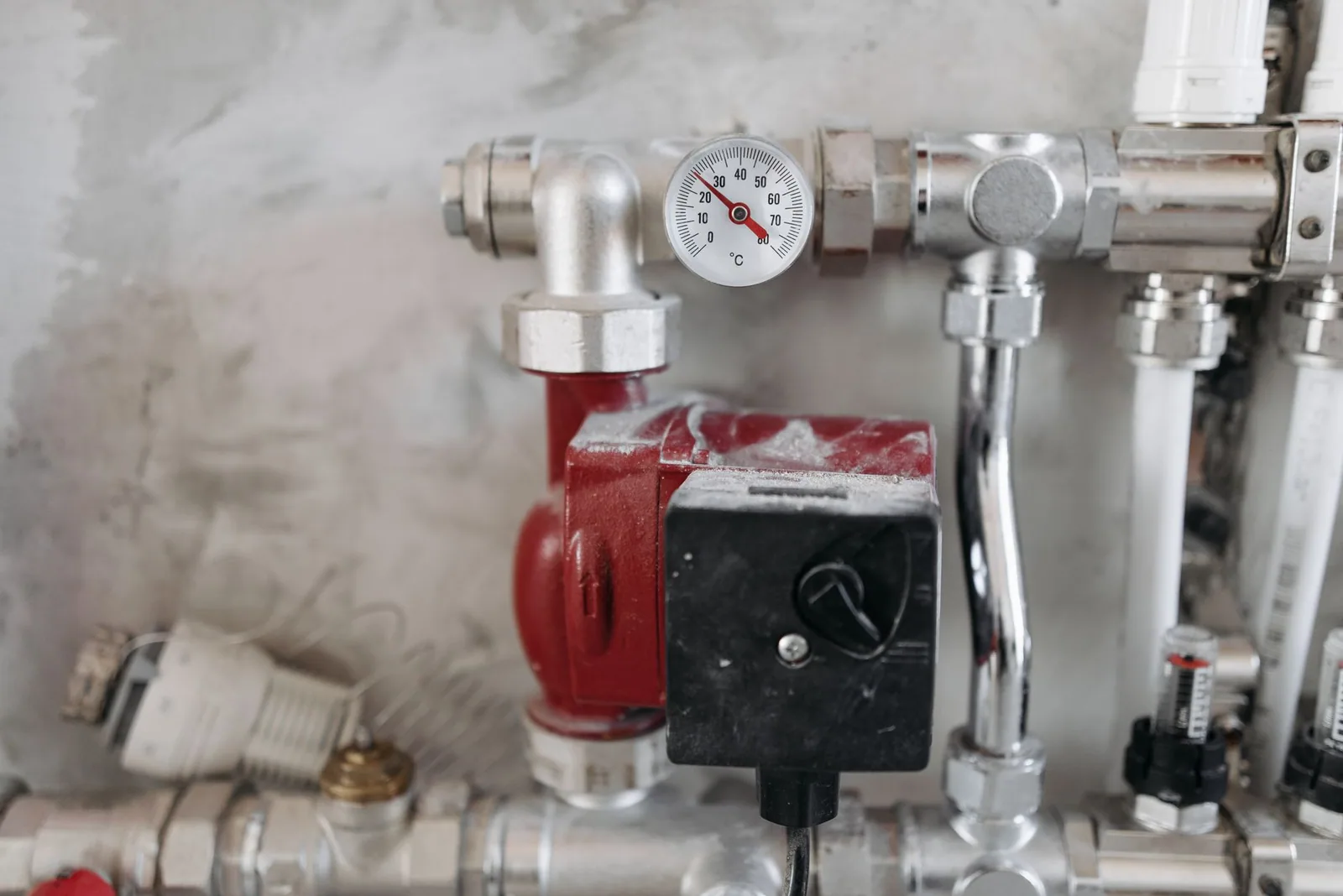 Steel supply pipes and a pressure gauge on a main line
