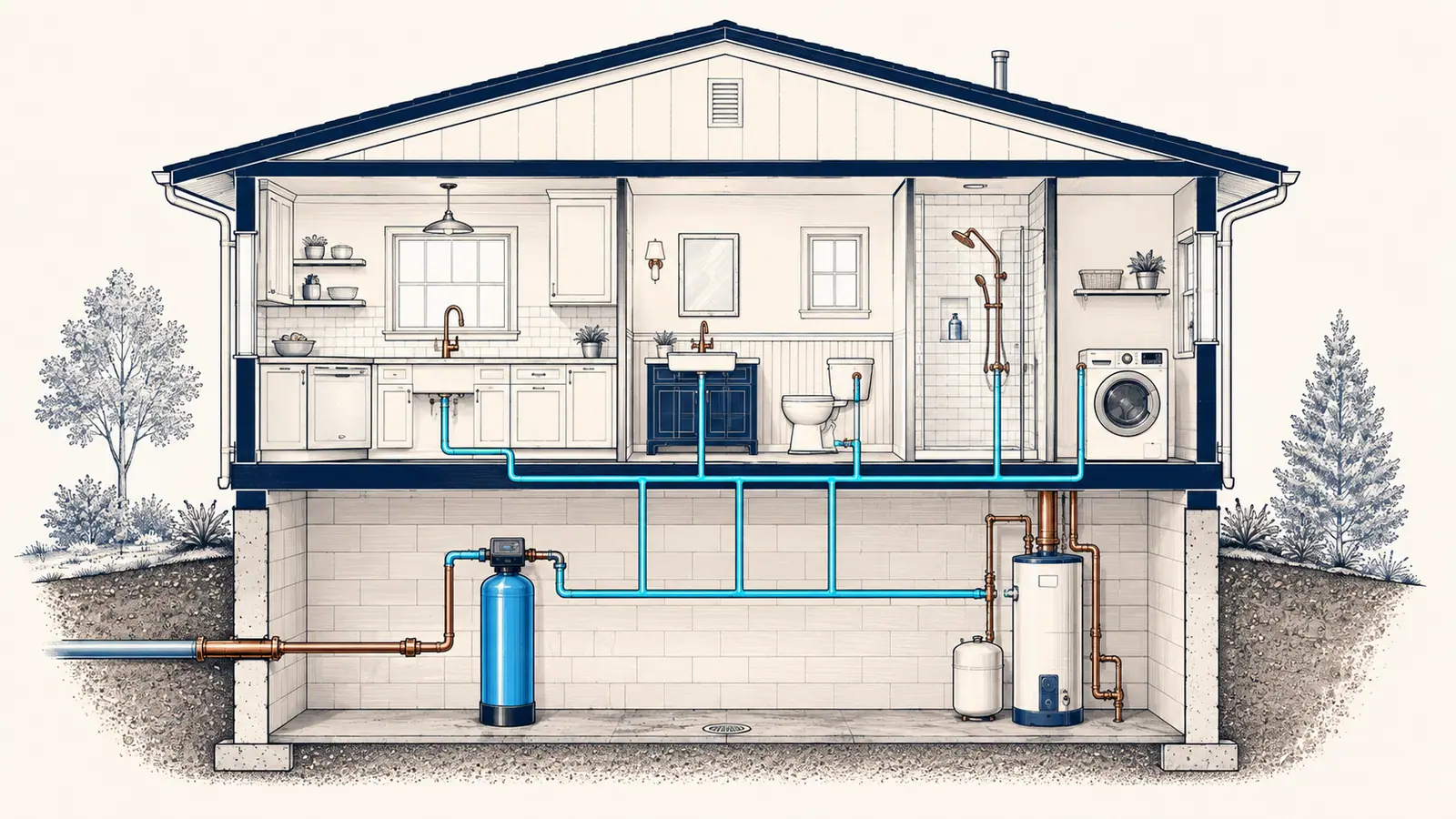 House cross-section with a whole house filter at the point where the main line enters, feeding every fixture